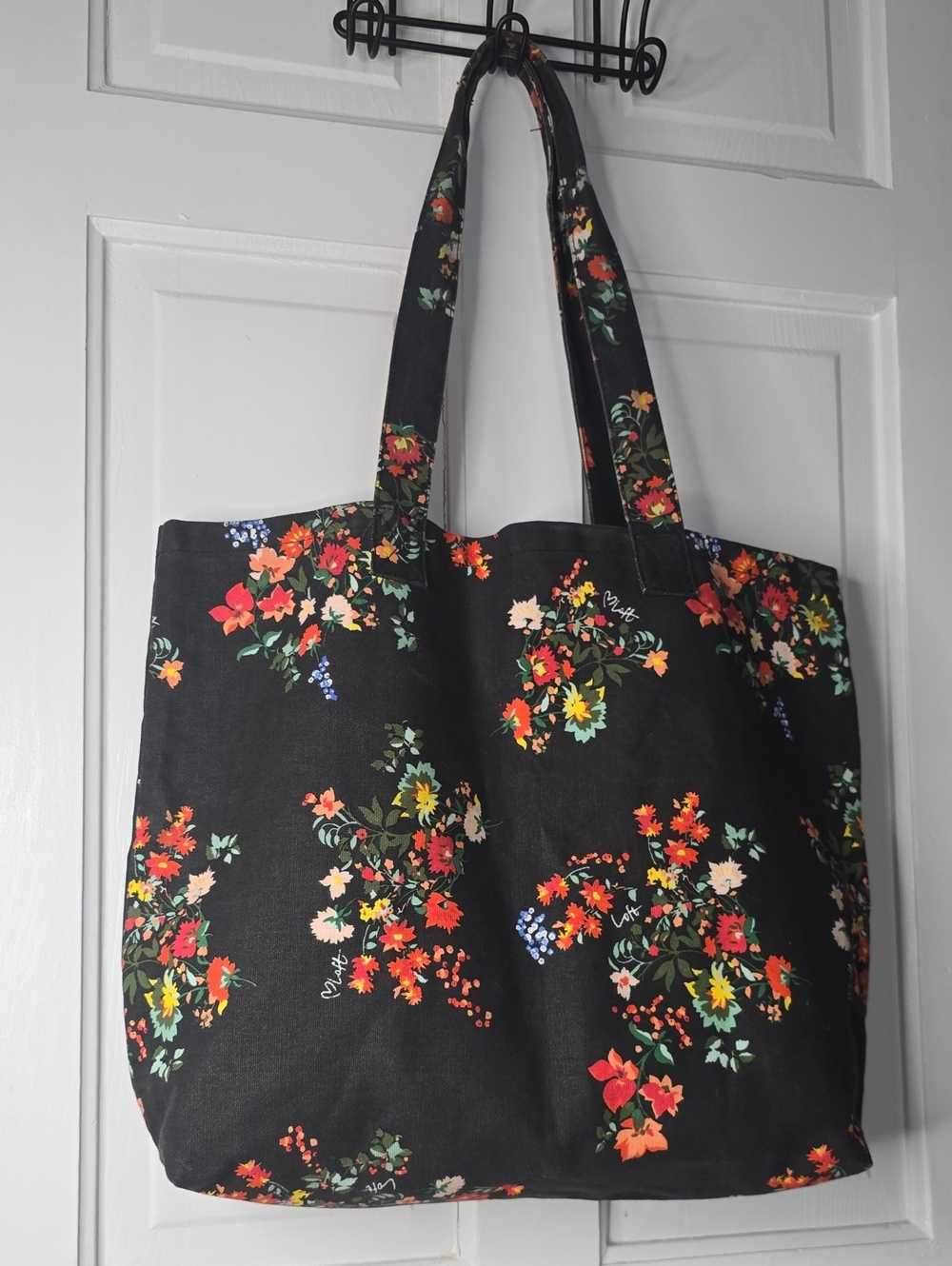 LOFT Black Floral Canvas Tote with Multicolor Bouquet Print